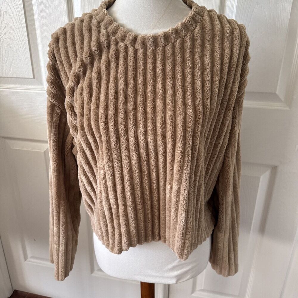 Zara Womens Cropped  Ribbed Sweater Sz Small Cabincore Cozy Earthy Relaxed Beige